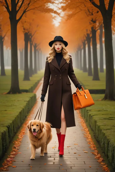 A golden retrievers wearing Dark brown wool coat, walking on the Champs -  lys  es, The Red High Heels,carrying an LV bag, paired with a Mermaid, qiu shengxian, argus c3, hats, Joel robison,personality, shot from an oversized view, Introduction, Fun, Dramatic lighting, Orange, Coffee color, dark coffee color