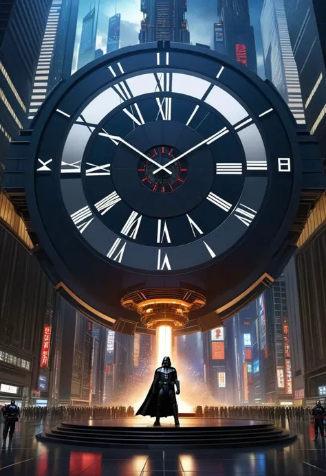 "Countdown to midnight"
Weight:1
"Countdown before new year. A giant futuristic clock in a skyscraper."
Weight:1
"by artist "anime", Anime Key Visual, Japanese Manga, Pixiv, Zerochan, Anime art, Fantia Epic cinematic brilliant stunning intricate meticulously detailed dramatic atmospheric maximalist digital matte painting"
Weight:1
"Darth Vader standing in foreground watching clock."
Weight:1