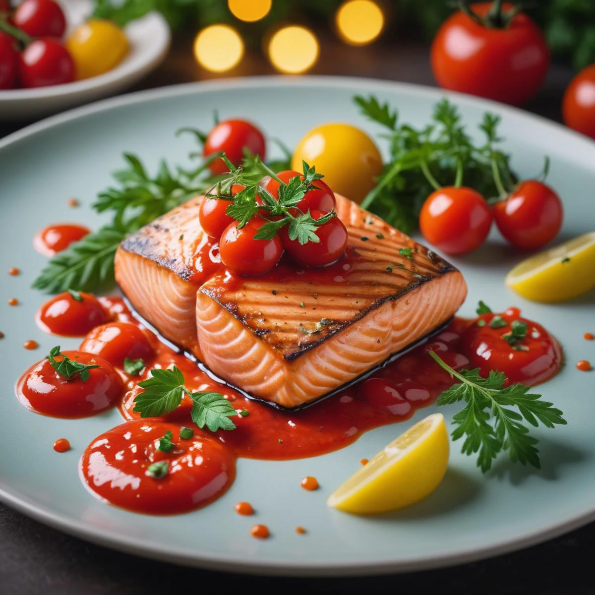 Photo of a cooked salmon steak, cherry tomatoe sauce, parseley, fancy arrangement, vibrant colors, colorful, bokeh