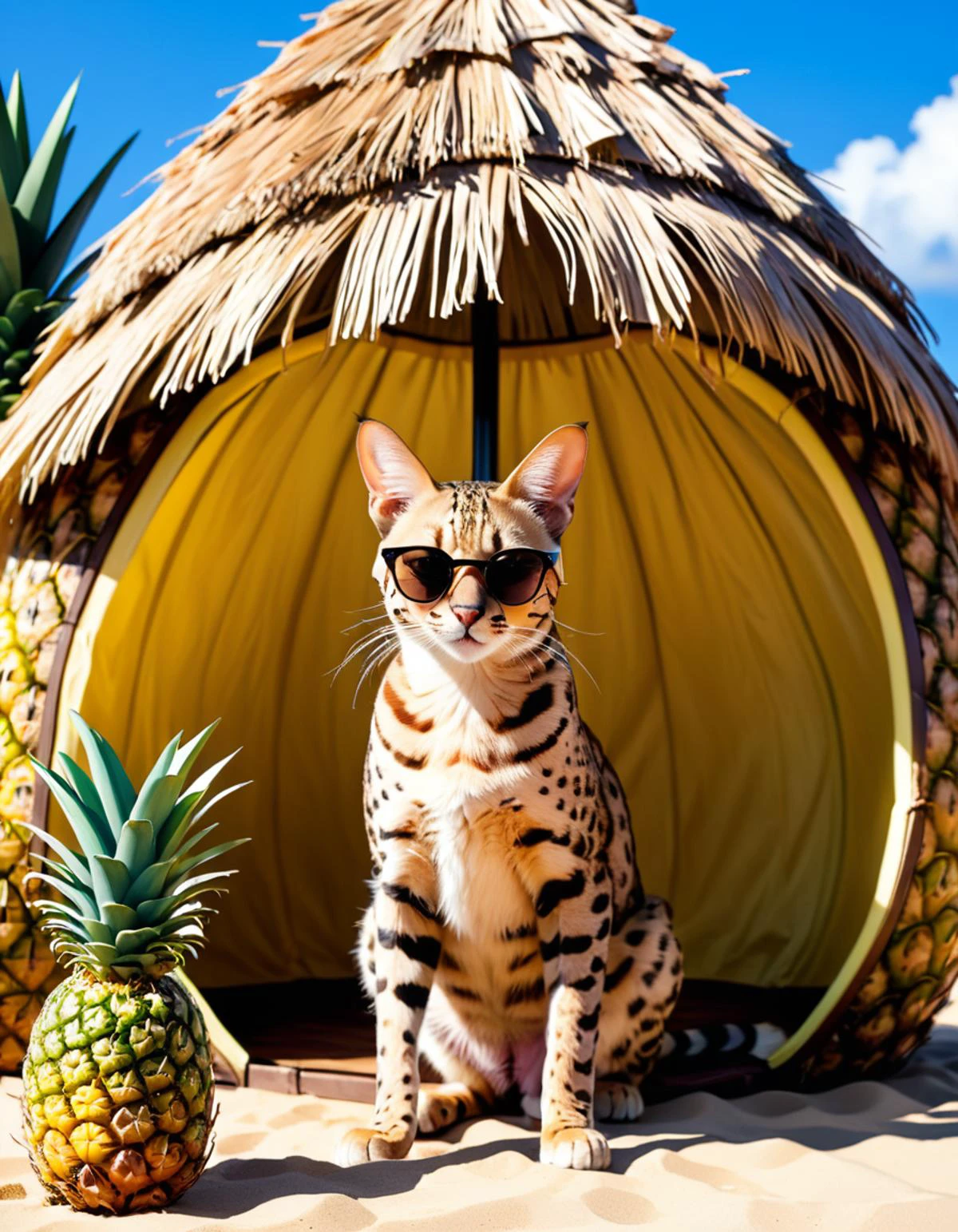 (FRIDAY text logo:1.2), tall savannah cat, sunglasses, sitting in a pineapple hut,