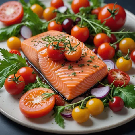 Close up photo of a salmon steak, cherry tomatoe, parseley, fancy arrangement, vibrant colors, colorful