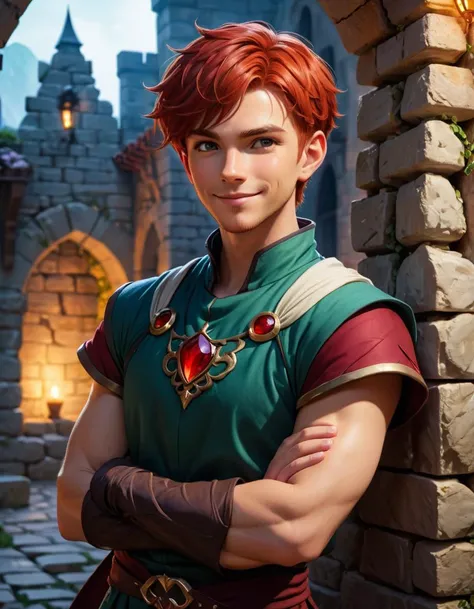 A Fantasy male mage Leaning back against a broken stone wall with his arms folded infront of his chest, short red hair, impatient expression, fantasy street, mood lighting, detailed, smiling