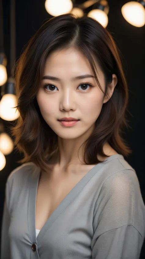 photography of the world's most beautiful Japanese woman in her twenties, studio photography, lights and shades, casual wear, eye-catching composition, canon eos 5d mark iv, hyper-realistic portraits, konica auto s3, rangefinder lens, portraits with soft lighting