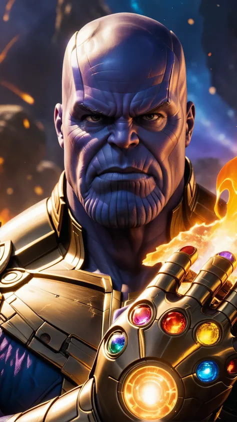 closeup portrait of thanos, gripping the Infinity Gauntlet, fire and chaos in background