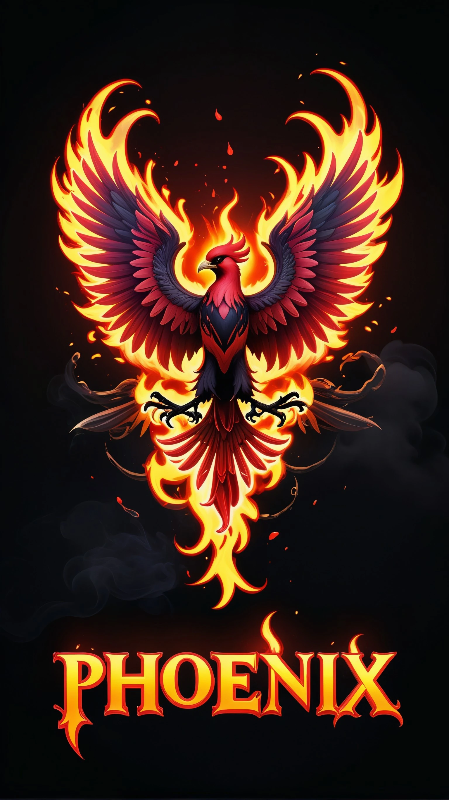 (phoenix text logo), neon red, smoke, fire, flames, dripping, blood