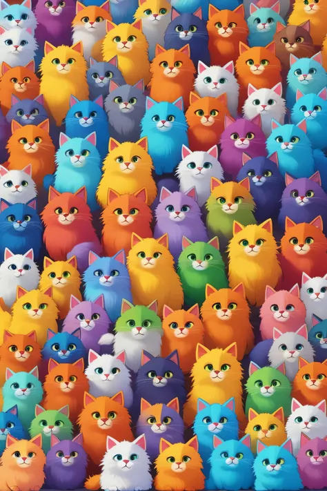 lots of fluffy cute cats in rainbow colors in pixar style