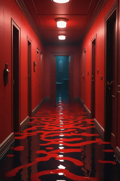 labyrinthine room, dark corridor, a room is flooded with water with red floor, in the style of pixar animation, trending on artstation, high detail