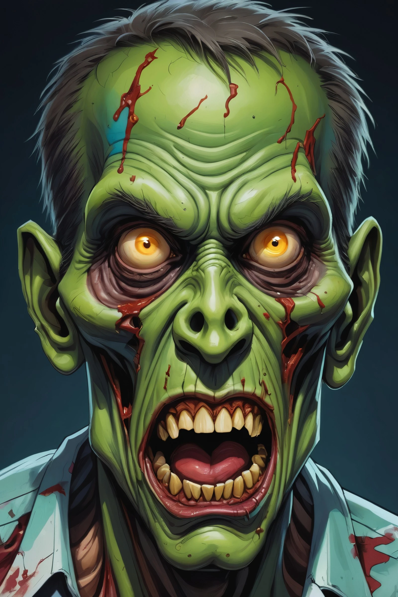 drawing of a zombie (scary) in the style of vibrant caricatures, textural brushwork, shadowy intensity, strong facial expression, gestural brushwork, agja clack, comic book style, colorful