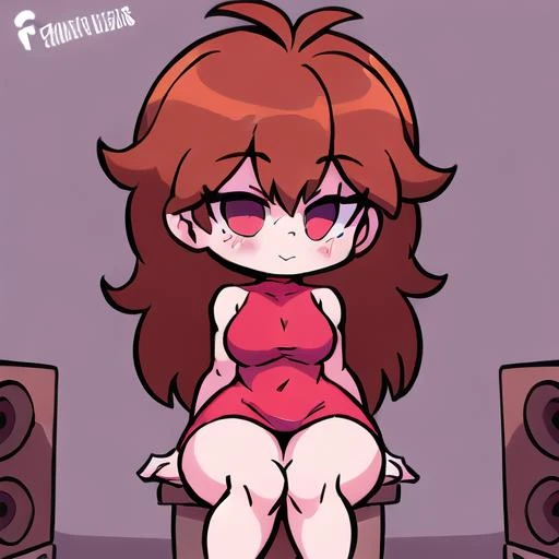 <lora:fnfGF:0.7>, fnfGF, pink backround, Red sleeveless turtleneck dress, chibi, thicc, messy brown hair, sitting on boombox, (legs crossed), arms at side, black eyes