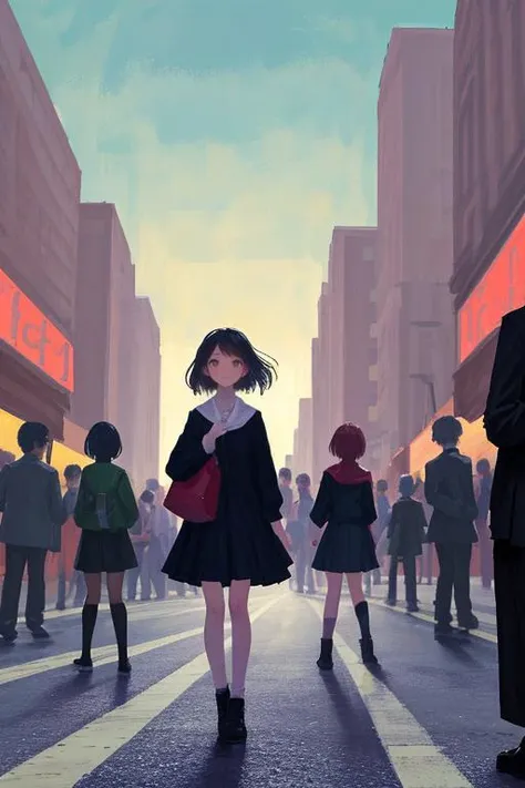 anime girl walking down a busy city street with people walking by