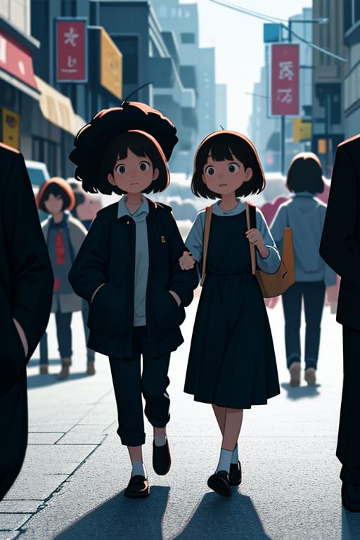 Anime characters walking down a street in a city - SeaArt AI