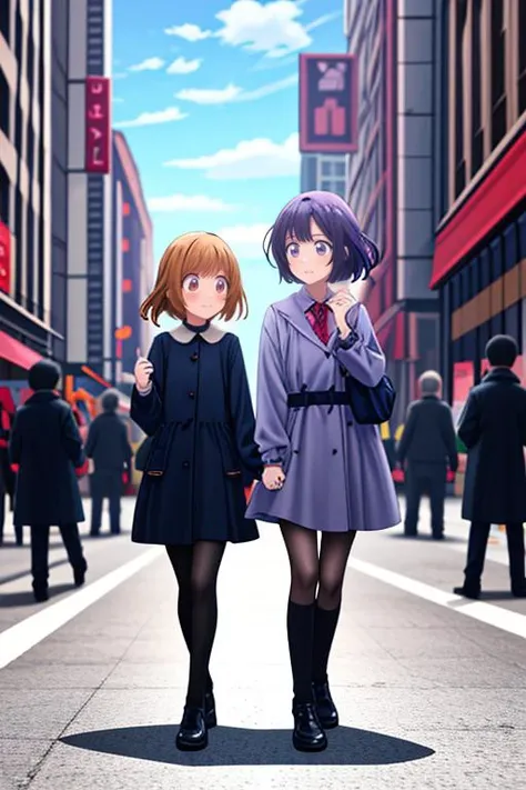 two anime girls walking down a city street holding hands