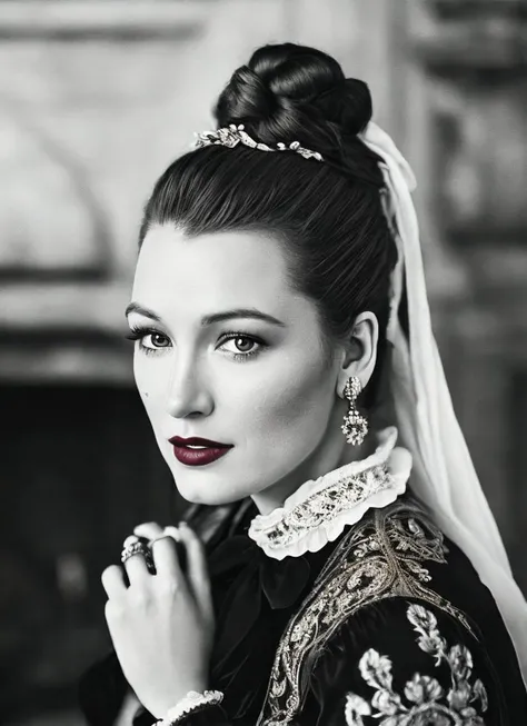 medium portrait close up of a Beautiful sks woman, (messy bun), sitting on a wooden chair, wearing a fancy Victorian era dress, seductively posing, medium breasts, pale skin, dark red lips, dark eye shadow, ornate pendant, sitting in front of a large stone fireplace, candle burning, in a luxurious fantasy castle, side lighting, cinematic, Renaissance style, (Fujifilm XT3:1.1), (high detailed face:1.3), perfect hands, <lora:locon_blake_v1_from_v1_64_32:1.25>