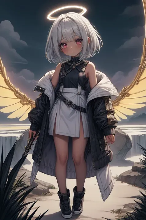 1girl, full body, full shot, masterpiece, best quality, hdr, 8k, dusk, <lora:Mild detail adjusterV10:0.7>, <lora:more_details:0.3>, buzz cut silver hair <lora:eGirlMakeup:0.8> EGirlMakeup, eyeliner, <lora:BlessedTech:0.7> blessedtech, blessed, aura <lora:chocoskin:0.8>