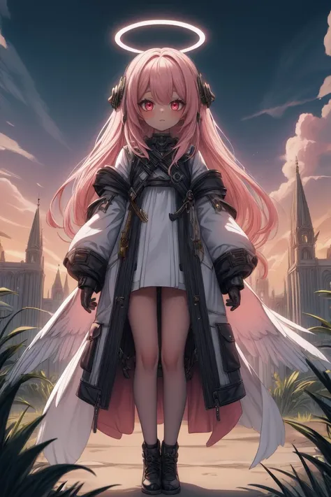 1girl, full body, full shot, masterpiece, best quality, hdr, 8k, dusk, <lora:Mild detail adjusterV10:0.7>, <lora:more_details:0.3>, long pink hair <lora:eGirlMakeup:0.8> EGirlMakeup, eyeliner, <lora:BlessedTech:0.7> blessedtech, blessed, aura <lora:chocoskin:0.8>