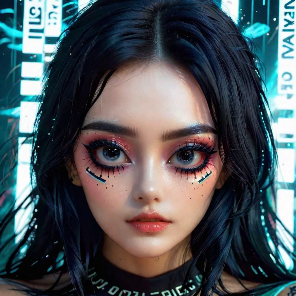 <lora:add-detail-xl:0.8> Double exposure close up image of A 1girl, runny makeup, black hair, black eyes, eyeshadow, eyeliner, t-shirt, skull,, masterpiece, best quality, highly detailed, playing game, wearing a VR Headset, looking up. Face merged into a matrix code waterfall, we see the double exposure break down on the face and numbers flowing like a waterfall backdrop shimmering, fullbody, perfect eyes, perfect features, perfect hands, perfect body, 128k, 1080p, cinematic quality, cinematic lighting, voodoo, sinister, diabolical, testp, stunningly beautiful, maxim, hyper realistic details, lEICA SL2 50mm F 1.4 kit,mirrorless lens ( psychedelic lsd trip background 1.4), bright coloured fractals (Larry Carlson 1.3), , cinematic quality, cinematic lighting, voodoo, sinister,128k, hyper realistic, pastel colour palette,(mark ryden 1.3) <lora:bigeyes-xl-v1:0.8> big eyes, anime eyes <lora:Dark_Futuristic_Circuit_Boards:0.8> circuitboard, dark futuristic <lora:Larry Carlson Style:0.8> Larry Carlson Style page <lora:- SDXL - voodstyle_ Voodoofy_V1.0:0.8> voodstyle <lora:EGirlMakeup:0.8> EGirlMakeup