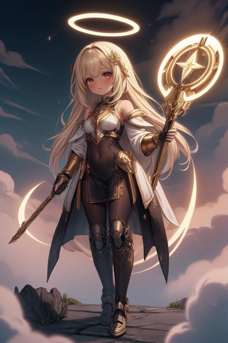 1girl, full body, full shot, masterpiece, best quality, hdr, 8k, dusk, <lora:Mild detail adjusterV10:0.7>, <lora:more_details:0.3>, medium golden hair <lora:eGirlMakeup:0.8> EGirlMakeup, eyeliner, <lora:BlessedTech:0.7> blessedtech, blessed, aura <lora:chocoskin:0.8>