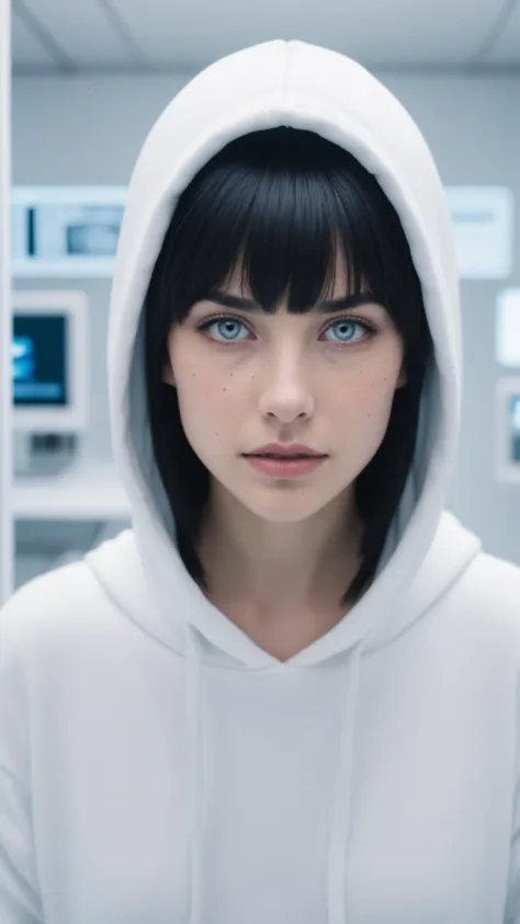 a beautiful woman, white hoodie, short layered black hair with blunt bangs, pouty face, light blue eyes, in a futuristic white room filled with computer screens and electronic equipment, head-shot