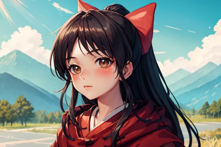 portrait, sharp focus, soft lighting, hdr, colorful, good composition, extremely detailed, illustration, depth of field, (bloom:0.4), 1girl, (best quality:1.0),(highly detailed:1.0) looking at viewer,outdoors, outside, village, mountains, sky, BREAK (Moroha Yashahime), brown eyes, deep eyes, detailed eyes, blush:0.2,black hair, long hair,(red hair bow),(arms behind back), BREAK <lora:morohaYashahime_v10:0.8> <lora:s12V410UpdateStyleLora_v410:0.45> <lora:ishikei:0.4>