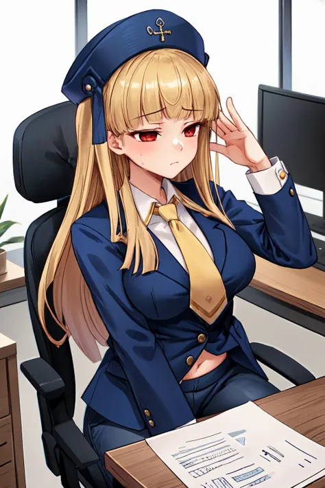 masterpiece,best quality,1girl,(gertrude),red eyes,[blonde hair|brown hair],blunt bangs,sidelocks,hime cut,blue hat,formal,(business suit),blue blazer,necktie,pants,large breasts,wide hips,expressionless,(half-closed eyes:0.9),tired,sweatdrop,sitting,office chair,document,office,cowboy shot,<lora:umi_gertrude:0.8>,<lora:Concept-control tool-add_detail-CyberAIchemist:0.9>,
