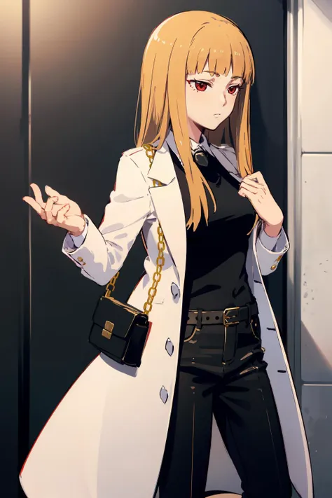 masterpiece,highres,best quality,1girl,solo,<lora:umi_gertrude-wasabiya:1>,gertrude,casual,handbag,shirt,white coat,expressionless,gold chain,pants,belt,