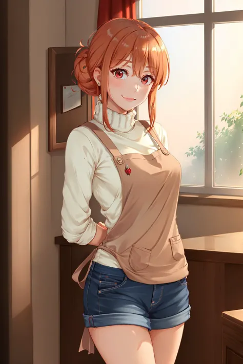 (masterpiece, best quality:1.2), <lyco:oregairu_yuismom-10:0.8>, cowboy shot, solo, 1girl, yuismom, mature female, smile, looking at viewer, arms behind back, single hair bun, red eyes, turtleneck sweater, apron, blue shorts