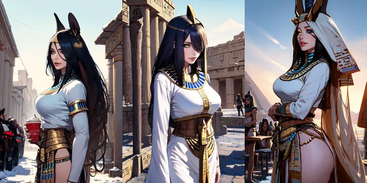 (otherworldly, otherworldly atmosphere, otherworldly appearance), highly insanely detailed, masterpiece, top quality, best quality, highres, 4k, 8k, RAW photo, ((ancient egyptian theme:1.2)), 
1girl, nami_aino, long hair, breasts, <lora:JAV_nami_aino:0.8>, ((eyeshadow:1.3, lips)), thick makeup, attractive body, large breasts, abs, slim waist, wearing white blouse, portrait mode, perspective, cowboy shot, solo focus, perfect body, human body ratio, 
BREAK
outdoor:1.4, ((at a cafe)), morning time, sky, clouds, clear sky, distant horizon, 
from side, 
(long_hair, long hair, random colors hair, glowing hair, hair over one eye, long messy hair),, (fantasy world), windy, winter, snow, very cold