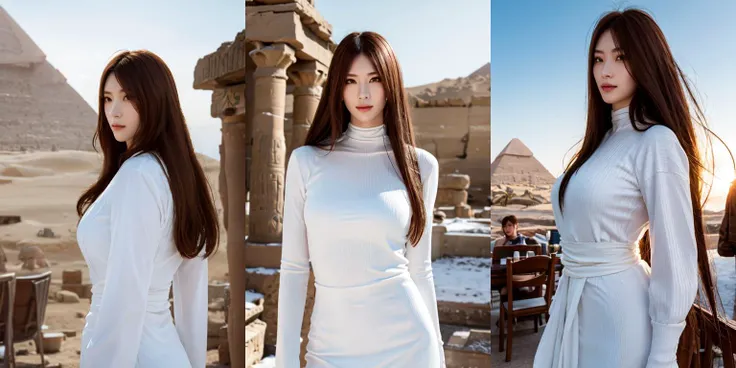 (otherworldly, otherworldly atmosphere, otherworldly appearance), highly insanely detailed, masterpiece, top quality, best quality, highres, 4k, 8k, RAW photo, ((ancient egyptian theme:1.2)),
1girl, nami_aino, long hair, breasts, <lora:JAV_nami_aino:0.8>, ((eyeshadow:1.3, lips)), thick makeup, attractive body, large breasts, abs, slim waist, wearing white blouse, portrait mode, perspective, cowboy shot, solo focus, perfect body, human body ratio,
BREAK
outdoor:1.4, ((at a cafe)), morning time, sky, clouds, clear sky, distant horizon,
from side,
(long_hair, long hair, random colors hair, glowing hair, hair over one eye, long messy hair),, (fantasy world), windy, winter, snow, very cold