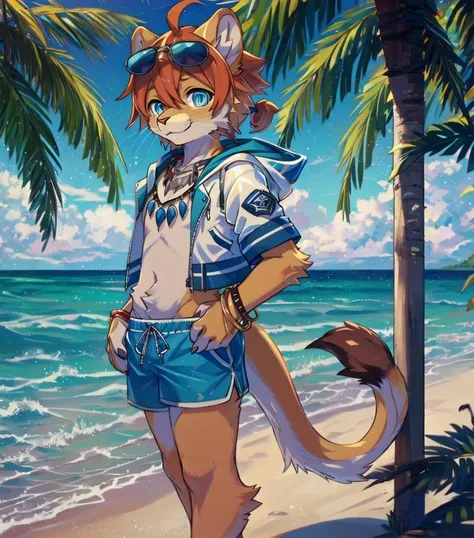 RAW, masterpiece, best quality, photorealistic, hi res, absurd res, complex pupils, complex textile, detailed lighting, High detail, , depth of field,
beautiful eyes, detailed eyes,
outside, beach, 
(solo), furry, anthro, kemono, lion, , thin, (slim:1.15), boy, male, 
body fur, tail tuft, whiskers,pawpads, blue eyes,
tied hair,hair between eyes,ahoge,sidelocks,crossed bangs,
standing, smile, 
eyewear on head,,necklace,,bracelet,sunglasses,blue-framed eyewear, blue shorts,open jacket,hood,white jacket,, (teo),<lora:teo_4:0.6>, (teosummeroutfit)