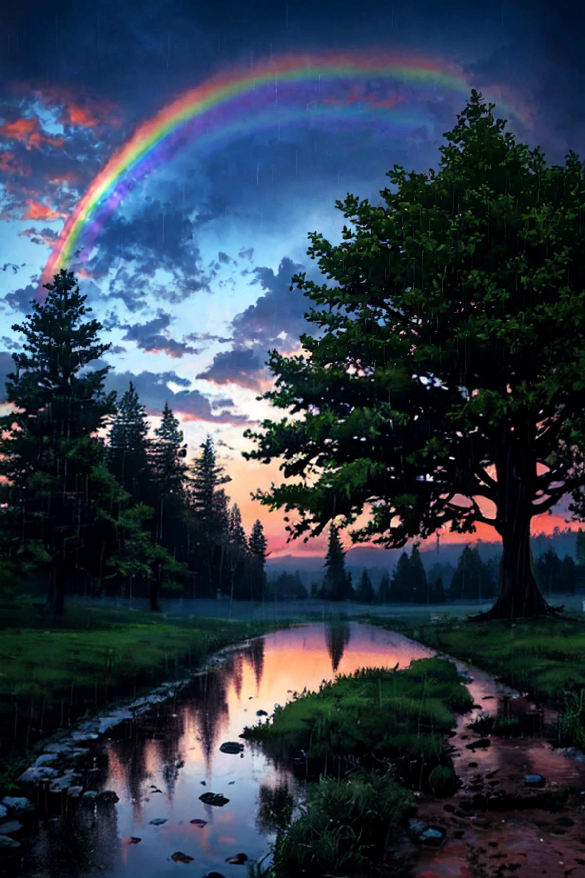 njmjzkz, rainbow, no humans, tree, scenery, outdoors, cloud, sky, nature, grass, forest, cloudy sky, puddle, water, rain , <lora:Niji_vs_Midjourney_for_SD_1.5:0.5>