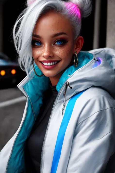 masterpiece, best quality, njmjzkz, 1girl, jewelry, earrings, solo, double bun, freckles, realistic, smile, hair bun, looking at viewer, white hair, piercing, neon jacket, neon highlights, upper teeth only, parted lips, jacket, grin, necklace, blue eyes, makeup, hoop earrings, sitting in a car, sidelighting, gossamer, futurism, cyberpunk, <lora:Niji_vs_Midjourney_for_SD_1.5:0.5>