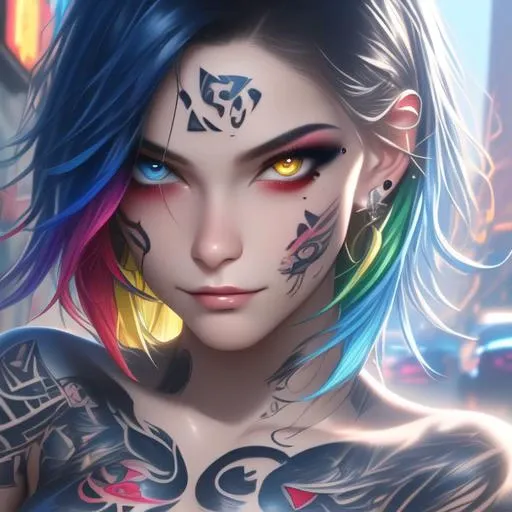 njmjzkz, 1girl, solo, tattoo, jewelry, looking at viewer, earrings, heterochromia, yellow eyes, blue hair, medium hair, multicolored hair, mole, closed mouth, portrait, blue eyes, facial tattoo, black hair, makeup, neck tattoo, lips , cinematic lighting, cinematic angle, masterpiece, best quality