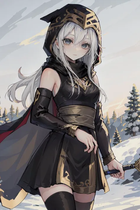 (masterpiece, best quality),  intricate details,
1girl,  <lyco:Ashe_LoL-000013:0.8>ashe \(league of legends\), 1girl, short dress, black dress, detached sleeves, hooded cape, thighhighs, white hair, long hair,
snowy forest, trees, winter,