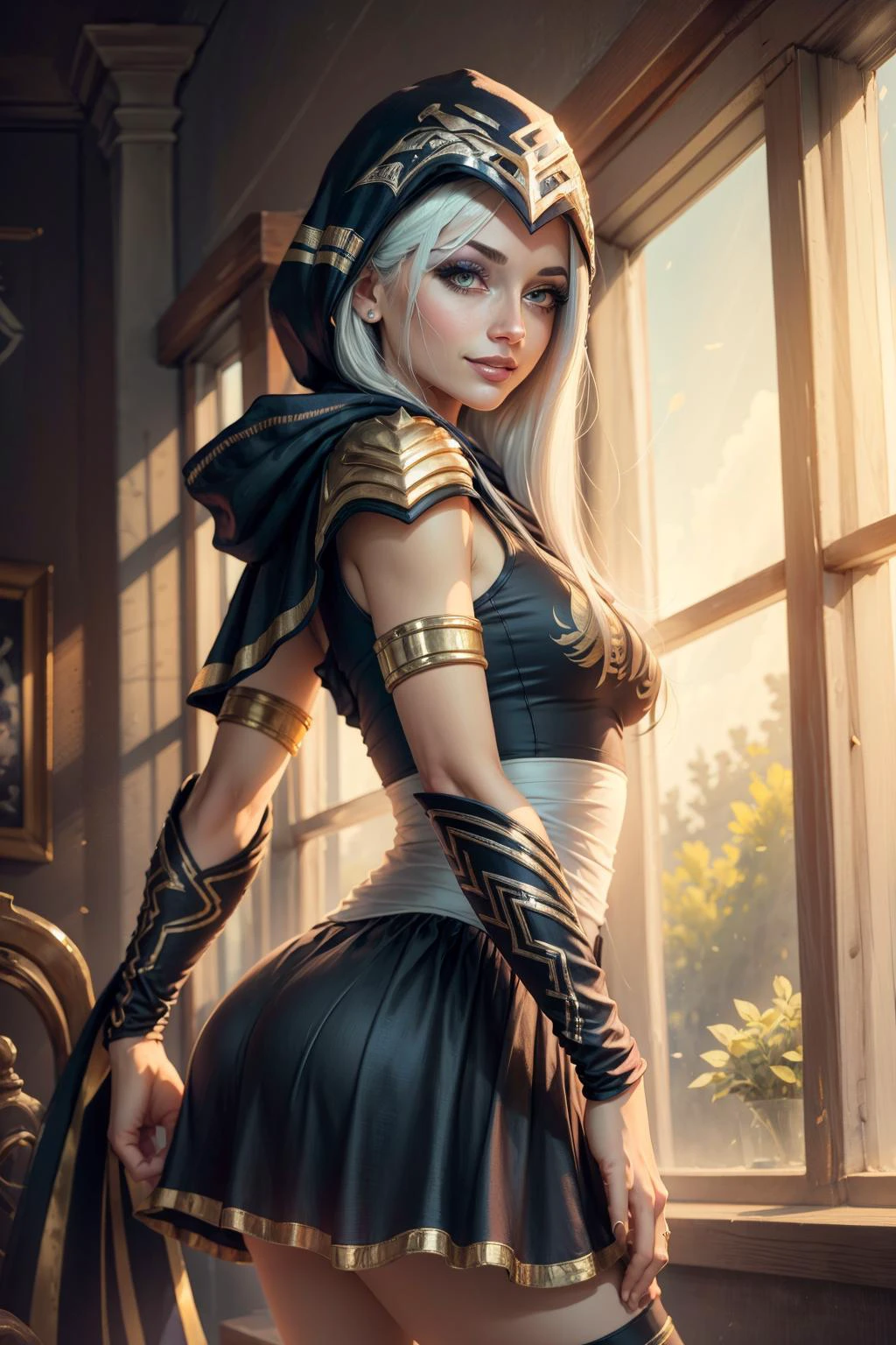 (Masterpiece:1.4), (best quality:1.2), <lyco:Ashe_LoL-000013:1.0>, ashe \(league of legends\), 1girl, short dress, detached sleeves, hooded cape, bandages, white hair, long hair, smile, closed mounth, upper body, potrait