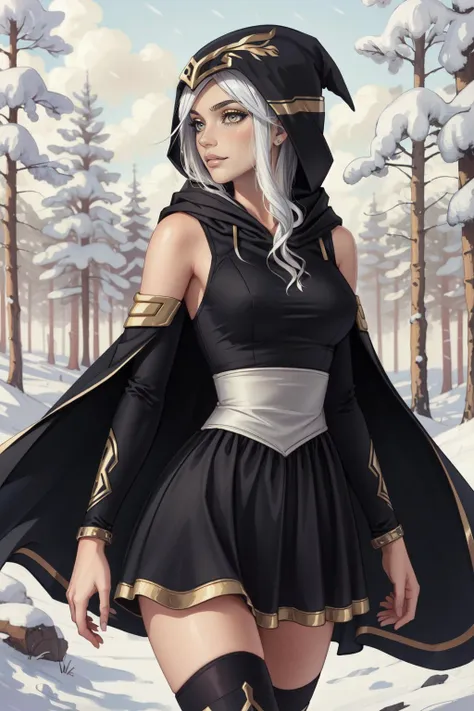 (masterpiece, best quality),  intricate details,
1girl,  <lyco:Ashe_LoL-000013:0.8>ashe \(league of legends\), 1girl, short dress, black dress, detached sleeves, hooded cape, thighhighs, white hair, long hair,
snowy forest, trees, winter,