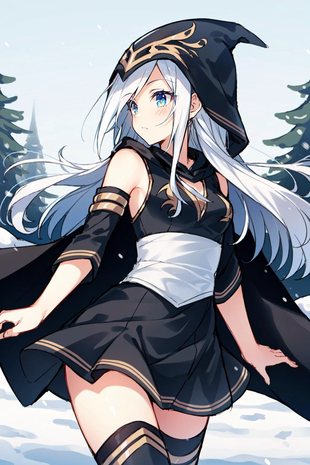 (masterpiece, best quality), intricate details,
1girl, <lyco:Ashe_LoL-000013:0.8>ashe \(league of legends\), 1girl, short dress, black dress, detached sleeves, hooded cape, thighhighs, white hair, long hair,
snowy forest, trees, winter,