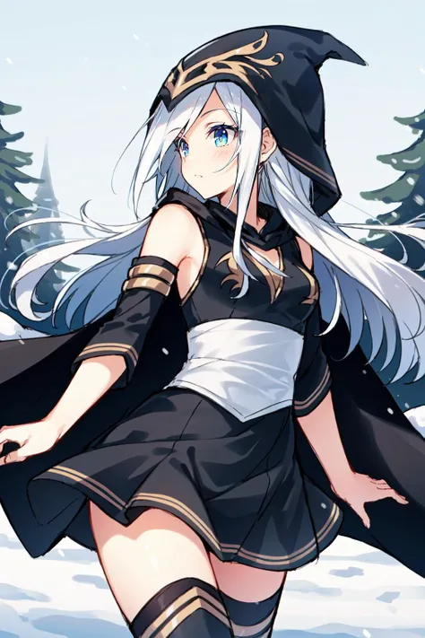 (masterpiece, best quality),  intricate details,
1girl,  <lyco:Ashe_LoL-000013:0.8>ashe \(league of legends\), 1girl, short dress, black dress, detached sleeves, hooded cape, thighhighs, white hair, long hair,
snowy forest, trees, winter,