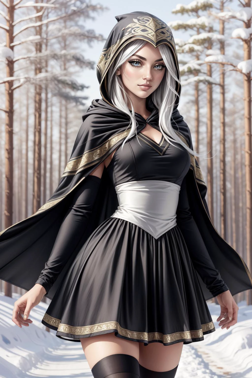 (masterpiece, best quality), intricate details,
1girl, <lyco:Ashe_LoL-000013:0.8>ashe \(league of legends\), 1girl, short dress, black dress, detached sleeves, hooded cape, thighhighs, white hair, long hair,
snowy forest, trees, winter,