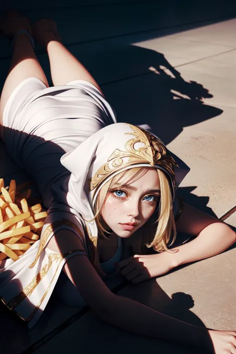 (masterpiece, best quality), intricate details, (fractal art:1.2),
(1girl), <lyco:AsheFreljordQueen:0.8>freljordashe, 1girl, short dress, white dress, detached sleeves, cape, hood, blonde hair, long hair, cleavage
<lora:ApuSpillsHisTendiesMeme:0.8> ApuMeme, lying, tears, on stomach, food, spill, crying, shadow, tearing up, on floor, cup, french fries,