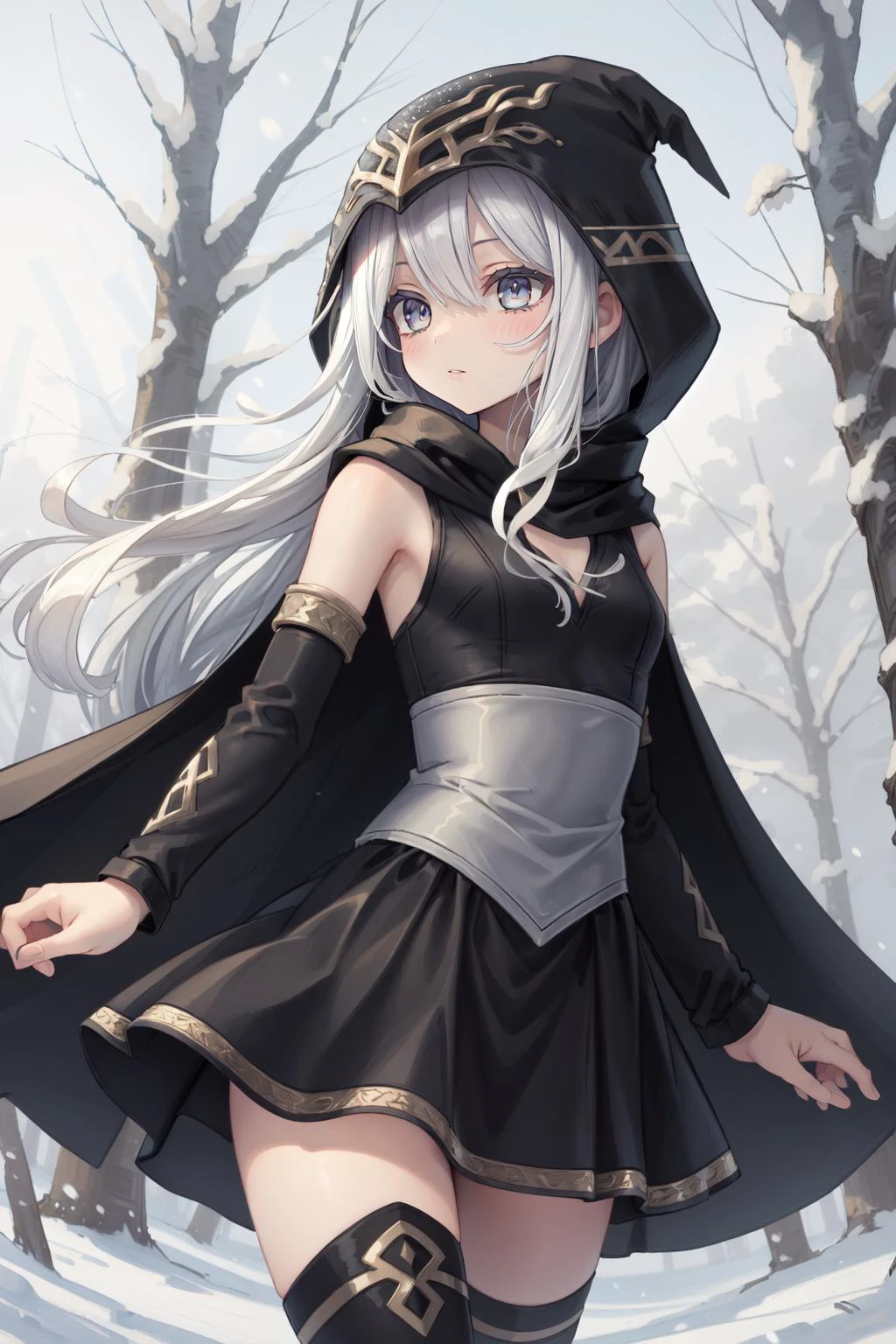 (masterpiece, best quality), intricate details,
1girl, <lyco:Ashe_LoL-000013:0.8>ashe \(league of legends\), 1girl, short dress, black dress, detached sleeves, hooded cape, thighhighs, white hair, long hair,
snowy forest, trees, winter,