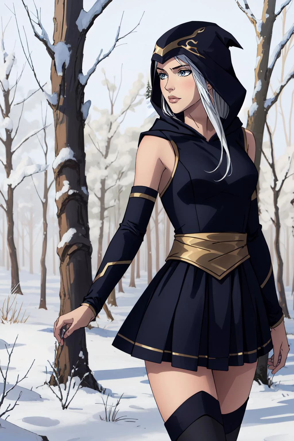 (masterpiece, best quality), intricate details,
1girl, <lyco:Ashe_LoL-000013:0.8>ashe \(league of legends\), 1girl, short dress, black dress, detached sleeves, hooded cape, thighhighs, white hair, long hair,
snowy forest, trees, winter,
