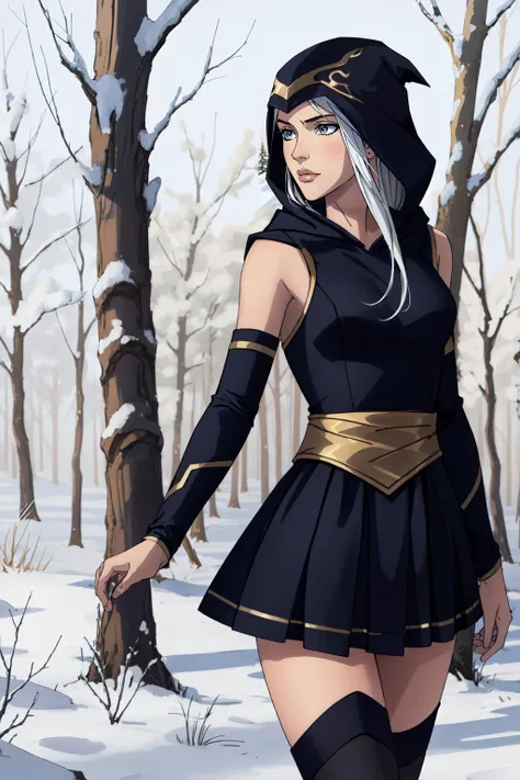 (masterpiece, best quality),  intricate details,
1girl,  <lyco:Ashe_LoL-000013:0.8>ashe \(league of legends\), 1girl, short dress, black dress, detached sleeves, hooded cape, thighhighs, white hair, long hair,
snowy forest, trees, winter,