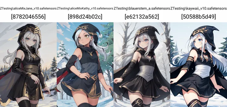 (masterpiece, best quality), intricate details,
1girl, <lyco:Ashe_LoL-000013:0.8>ashe \(league of legends\), 1girl, short dress, black dress, detached sleeves, hooded cape, thighhighs, white hair, long hair,
snowy forest, trees, winter,