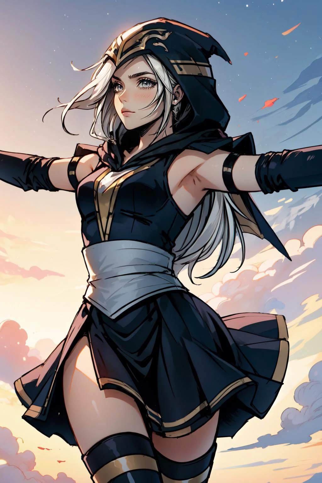 (masterpiece, best quality), intricate details,
1girl, <lyco:Ashe_LoL-000013:0.8>ashe \(league of legends\), 1girl, black dress, detached sleeves, hooded cape, white hair, long hair,short dress, thighhighs,
<lora:TPose:0.8> TPose, outstretched arms, standing,