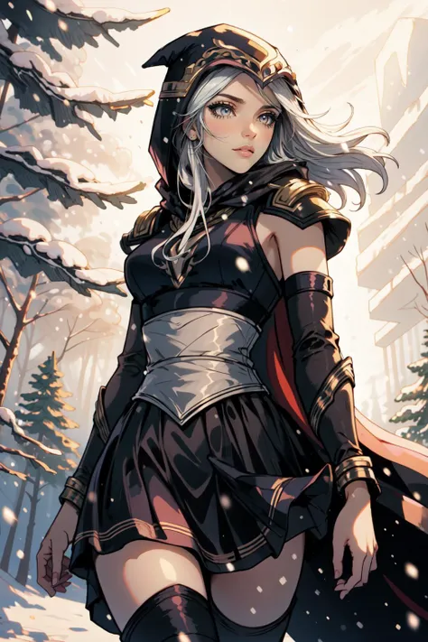 (masterpiece, best quality),  intricate details,
1girl,  <lyco:Ashe_LoL-000013:0.8>ashe \(league of legends\), 1girl, short dress, black dress, detached sleeves, hooded cape, thighhighs, white hair, long hair,
snowy forest, trees, winter,