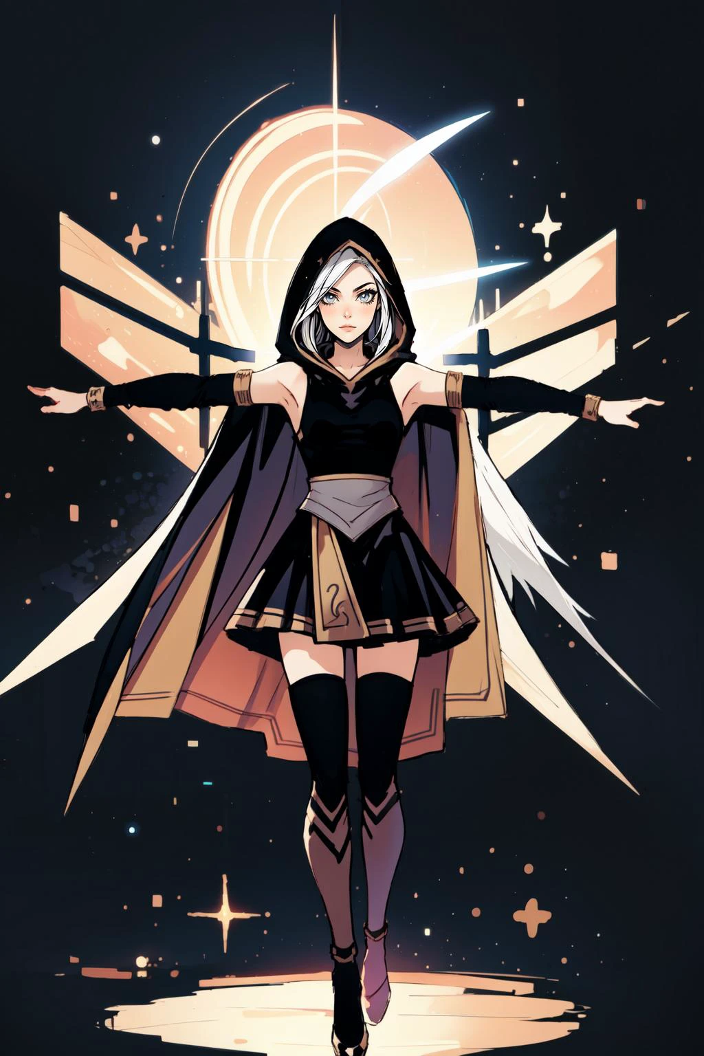 (masterpiece, best quality), intricate details,
1girl, <lyco:Ashe_LoL-000013:0.8>ashe \(league of legends\), 1girl, black dress, detached sleeves, hooded cape, white hair, long hair,short dress, thighhighs,
<lora:TPose:0.8> TPose, outstretched arms, standing, looking at viewer, full body,