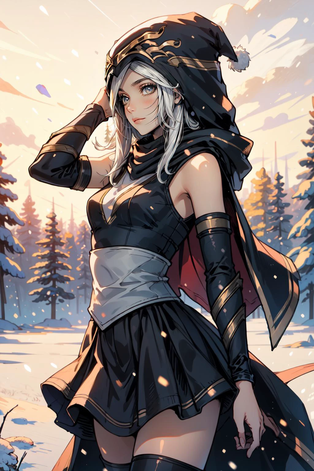 (masterpiece, best quality), intricate details,
1girl, <lyco:Ashe_LoL-000013:0.8>ashe \(league of legends\), 1girl, short dress, black dress, detached sleeves, hooded cape, thighhighs, white hair, long hair,
snowy forest, trees, winter,