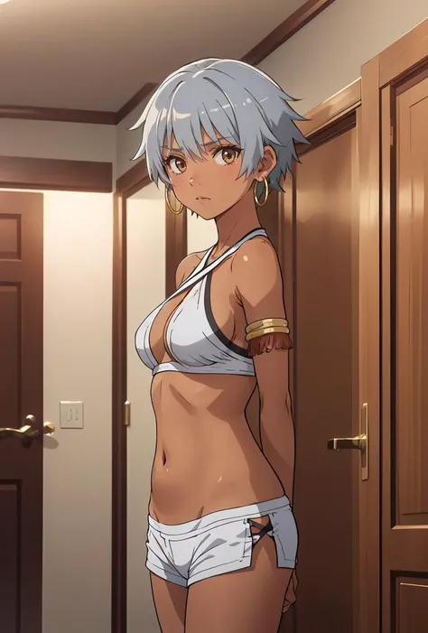 High quality、A still from a big-budget anime、AnalCowgirlFrontQuiron style、Woman straddling a sleeping man、highest quality、peniale organ、Detailed human illustration、Detailed anal sex、女性のアナルとMale organが繋がっている、Anal insertion、Man and woman having anal sex on the bed、(Brown skin:1.2)、Samiradanmachi、1 girl、solo、short hair、Grey Hair、belly button、Brown eyes、jewelry、Medium Breasted、bikini、Earrings、Shorts、Brown skin、Brown skinの女性、Underboob、Halter neck、Armlet、フープEarrings、Very dark skin、(Pushing the pants aside)、back、Pile driving piston