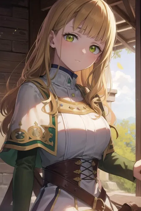 mimosavermillion, <lora:mimosavermillionv2-lora-nochekaiser:1>,
mimosa vermillion, brown hair, (green eyes:1.5), blunt bangs, bangs, medium hair, wavy hair,
BREAK dress, capelet, long sleeves,
BREAK looking at viewer,
BREAK outdoors,
BREAK <lora:GoodHands-vanilla:1>, (masterpiece:1.2), best quality, high resolution, unity 8k wallpaper, (illustration:0.8), (beautiful detailed eyes:1.6), extremely detailed face, perfect lighting, extremely detailed CG, (perfect hands, perfect anatomy),