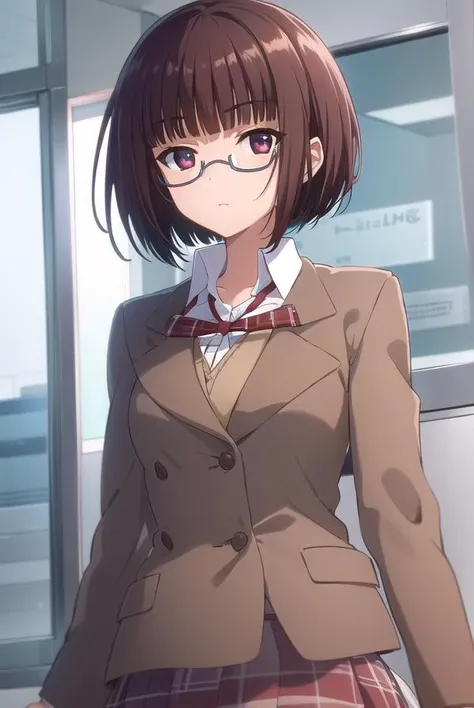 lunaminase, <lora:luna minase s2-lora-nochekaiser:1>,
luna minase, short hair, brown hair, (brown eyes:1.5), glasses, bob cut, under-rim eyewear,
BREAK skirt, school uniform, plaid, plaid skirt, shirt, white shirt, collared shirt, jacket, long sleeves, black jacket,
BREAK indoors, classroom,
BREAK looking at viewer, (cowboy shot:1.5),
BREAK <lyco:GoodHands-beta2:1>, (masterpiece:1.2), best quality, high resolution, unity 8k wallpaper, (illustration:0.8), (beautiful detailed eyes:1.6), extremely detailed face, perfect lighting, extremely detailed CG, (perfect hands, perfect anatomy),
